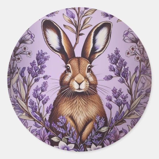 Sticker Rond Lièvre mignon Avec Lavender William Morris Inspiré (Devant)
