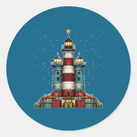 Sticker Rond Lighthouse Seaside Christmas Tree Xmas Long Sleeve (Devant)
