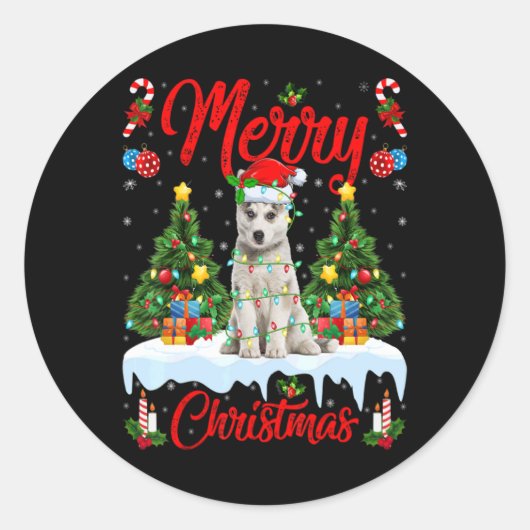 Sticker Rond Lights Xmas Tree Santa Siberian Husky Dog Christma (Devant)
