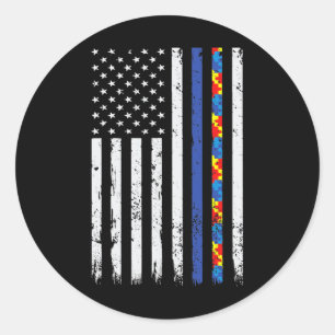 Sticker Rond Ligne Bleue fine Soutien de la police Autisme 4 Ju