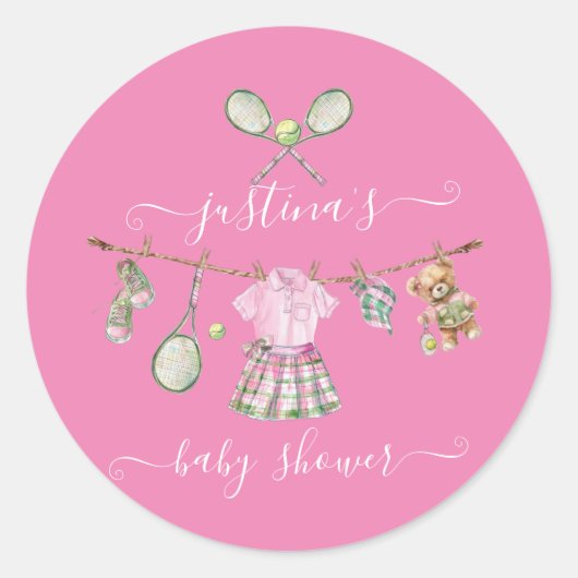 Sticker Rond Ligne de Baby shower de tennis Preppy (Devant)