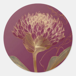 Sticker Rond Ligne de fleurs botaniques Deep Red Gold