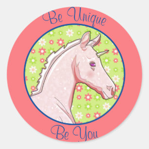 Sticker Rond Lil Pink Palomino Unicorn (vert avec fleurs)