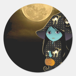 Sticker Rond Lil' Witch in Black Gold Robe Halloween