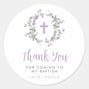 Sticker Rond Lilac Fleur sauvage Wreath & Cross Baptism Merci
