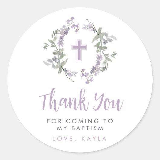 Sticker Rond Lilac Fleur sauvage Wreath & Cross Baptism Merci (Devant)