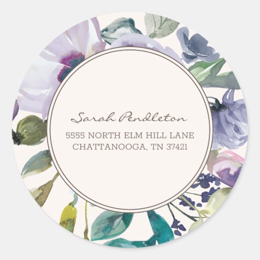 Sticker Rond Lilac Purple Aquarelle Florale Boho Adresse (Devant)