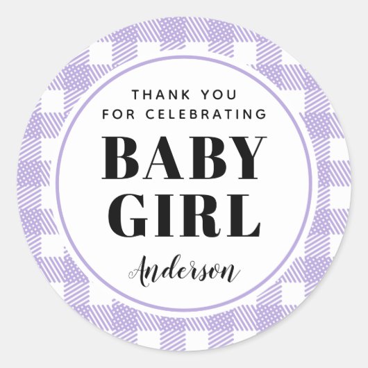 Sticker Rond Lilac Purple En vichy Plaid Merci bébé fille (Devant)
