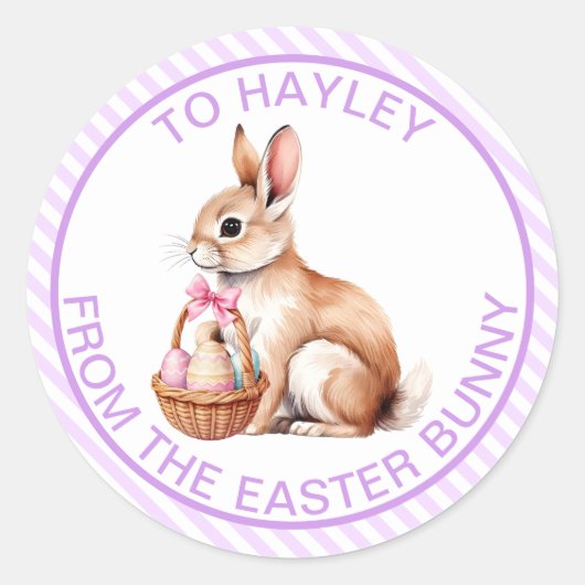 Sticker Rond Lilac Purple Stripe Du Cadeau Lapin De Pâques (Devant)