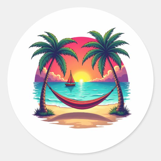 Sticker Rond L'île tropicale au coucher du soleil Illustration  (Devant)