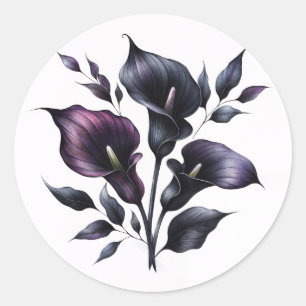 Sticker Rond Lilies d'Arum Violettes et Noires Gothiques