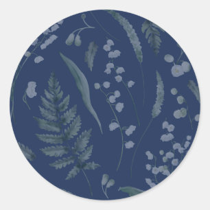 Sticker Rond Lily de Vallée avec des fougères Bleu Foncé
