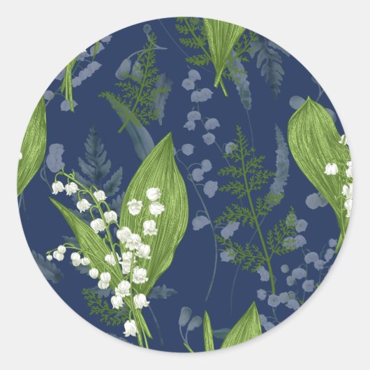 Sticker Rond Lily de Vallée avec des fougères || Bleu Foncé (Devant)