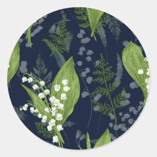 Sticker Rond Lily de Vallée avec des fougères    Bleu foncé pro