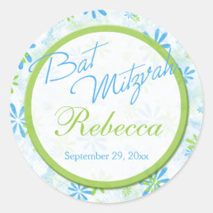 Sticker Rond Lime, Bleu, Floral Blanc Bat mitzvah rond de 1,5 p