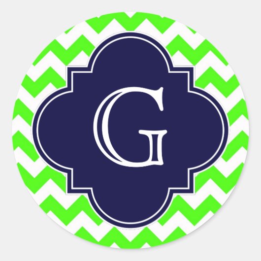 Sticker Rond Lime Green Chevron Navy Blue Quatrefoil Monogramme (Devant)