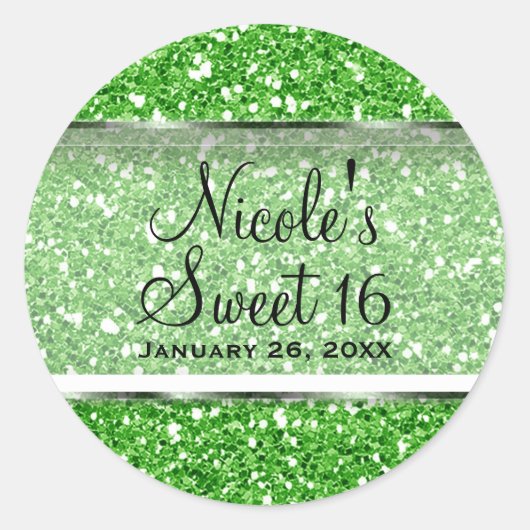 Sticker Rond Lime Green Parties scintillant Sweet 16 Custom Par (Devant)