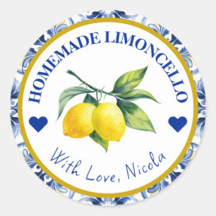 Sticker Rond Limoncello fait maison jaune et bleu aquarelle