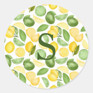 Sticker Rond Limons citrons Motif Aquarelle Monogramme simple