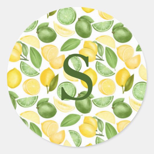 Sticker Rond Limons citrons Motif Aquarelle Monogramme simple (Devant)