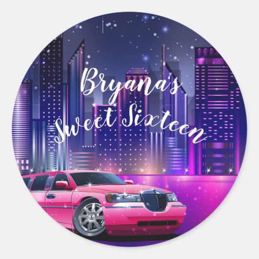 Sticker Rond Limousine rose pour fête d'anniversaire Sweet 16 (Devant)