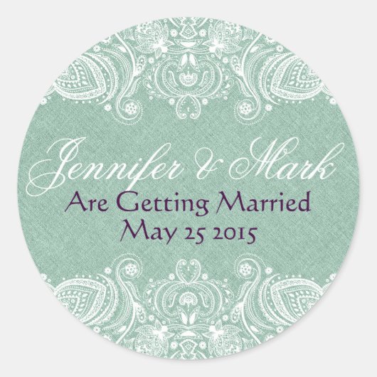 Sticker Rond Lin Faux Vert Menthe Burlap & Lace Paisley Blanche (Devant)