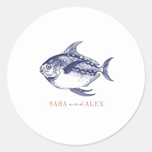 Sticker Rond Line Art Fish Red & Blue Beach Wedding (Devant)