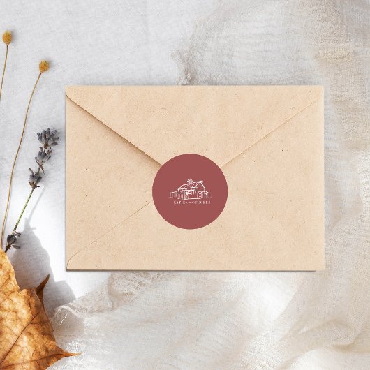 Sticker Rond Line Art Grange Muted Red Farm Mariage de automne