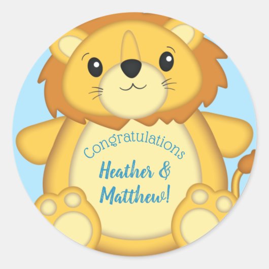 Sticker Rond Lion Baby shower bleu (Devant)