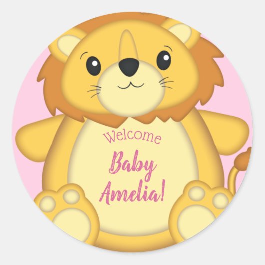 Sticker Rond Lion Baby shower rose (Devant)