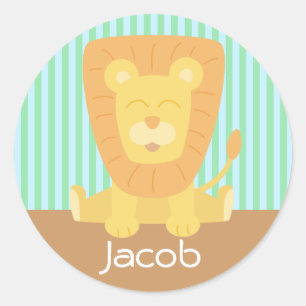 Sticker Rond Lion de dessin animé mignon avec fond rayé