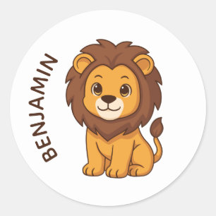 Sticker Rond Lion de dessin animé mignon avec nom personnalisé