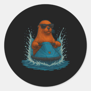 Sticker Rond Lion de mer cool avec lunettes de soleil Cavalier
