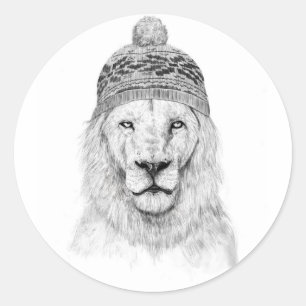 Sticker Rond Lion d'hiver (bw)