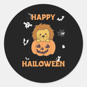 Sticker Rond Lion En Lions Doux Citrouilles Joyeux Halloween