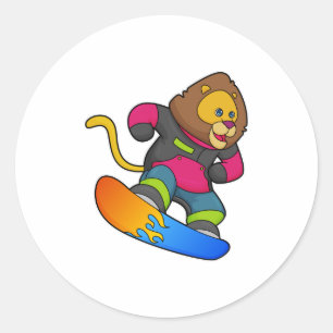 Sticker Rond Lion en Snowboard avec Snowboard