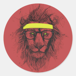 Sticker Rond lion hipster (rouge)