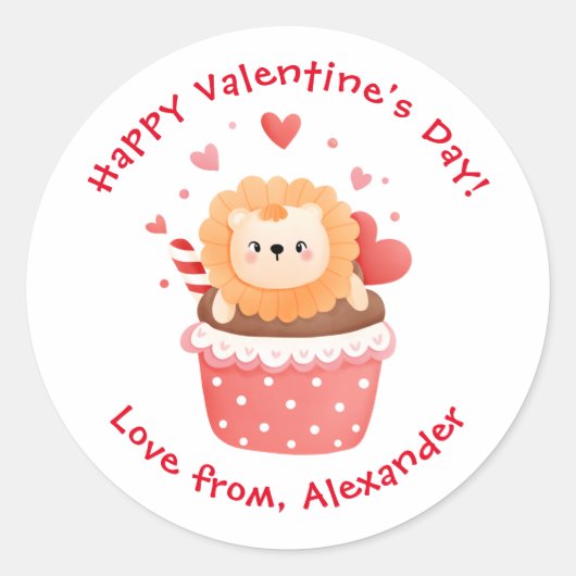Sticker Rond Lion mignon à Cupcake Custom Kids Saint-Valentin (Devant)
