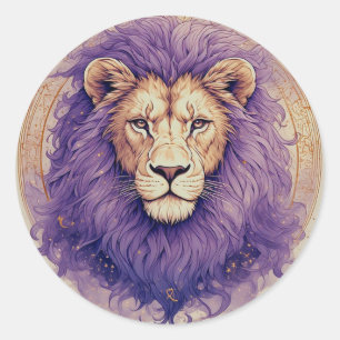 Sticker Rond Lion Régal Crinière Violette Cosmique Cadeau Fanta