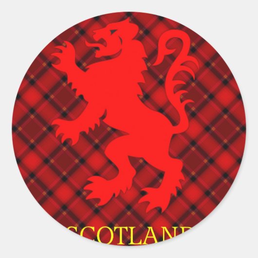 Sticker Rond Lion rouge écossais rampant sur Tartan (Devant)