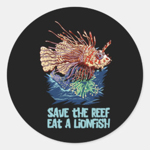 Sticker Rond Lionfish Sauver Le Récif Manger Lion Drôle Mignon
