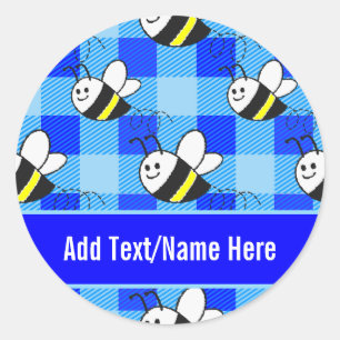 Sticker Rond Little Bee Blue Plaid Motif Nom personnalisé