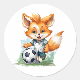 Sticker Rond Little Cute Fox joue un football