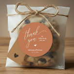 Sticker Rond Little Cute Heart Modern Minimal Wedding Gifts<br><div class="desc">Modern Sweet Wedding Minimalist Thank You Gifts Classic favor Round Sticker,  in classy handwriting script,  cute little red heart,  with bride and groom name and date,  in copper brown terracotta.</div>