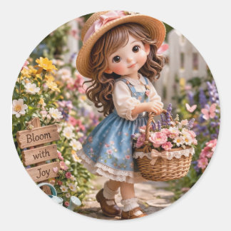 Sticker Rond Little girl and her flower garden