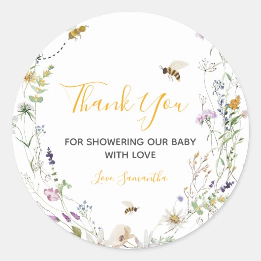 Sticker Rond Little Honey Bee Fleur sauvage Merci Baby shower (Devant)