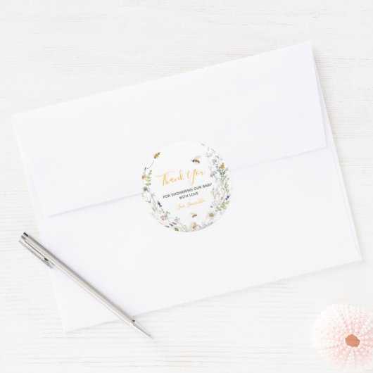 Sticker Rond Little Honey Bee Fleur sauvage Merci Baby shower (Enveloppe)