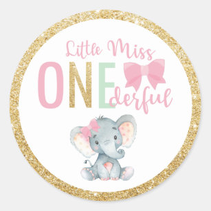 Sticker Rond Little Miss ONEderful 1st Birthday Favor Elephant