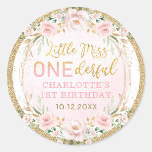 Sticker Rond Little Miss ONEderful Blush Rose Floral Anniversai