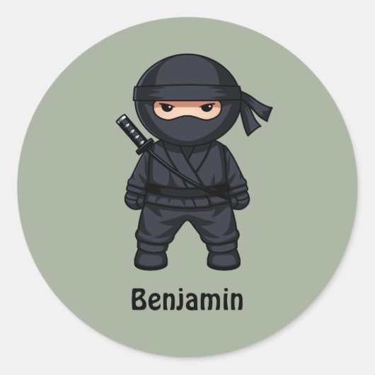 Sticker Rond Little Ninja Warrior on Sage Green (Devant)